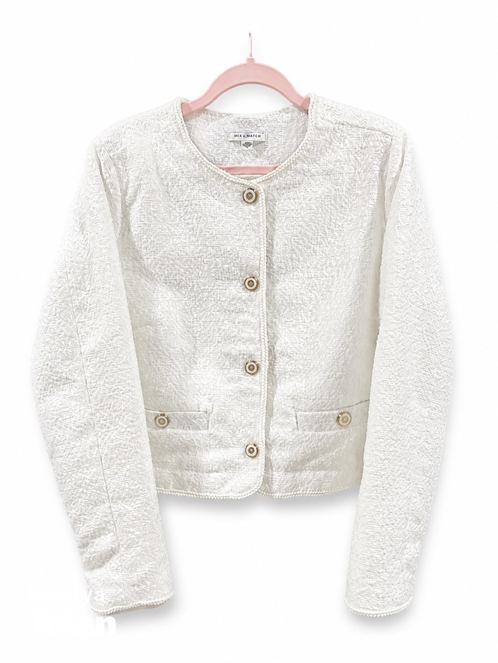 NWOT Women's White Bouclé Collarless Jacket - Elegant Suit Blazer
